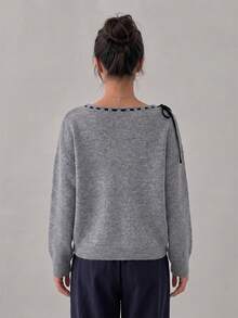 Wixra Women's Off Shoulder Long Sleeve Knit Sweater Contrast Stitch Neck Tie Bow Pullover Top - Grey - View 2