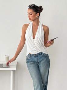 SYchuan Chic Halter Neck Tank Top For Women Backless And Asymmetrical Hem Short Camisole In High Stretch Polyester, Perfect For Summer Style - White - View 9