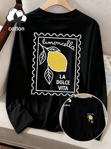 Women's Casual Long Sleeve Round Neck Printed T-Shirt, 100% Cotton Top, Suitable For Daily Wear - Black - View 2
