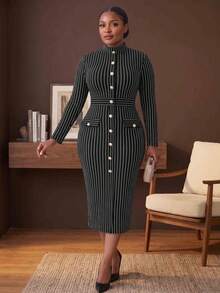 NOU Women's Mid-Length Dress With Small High Neck, Vertical Row Of Multiple Gold Buttons, Faux Pocket Flap With Button, Elastic Striped Fabric - Black and White - View 1