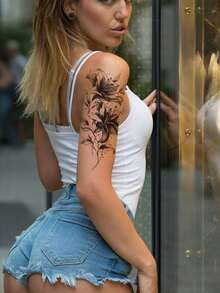 5pcs Black Floral Temporary Tattoo Stickers, Includes Lotus, Butterfly, Gemstone Pendant, Rose Combination Designs, Realistic Effect, Suitable For Women And Girls' Body Stickers And Body Decoration - Black - View 3