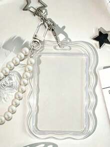 Transparent Wavy Edge Card Holder Keychain With Pearl Chain And Star Clasp, Durable And Fashionable, Designed For Women, Playful And Practical Plastic Structure, Campus Essential, Beautiful Design, Can Store ID Card, Bank Card, Bus Card And Keys, Campus Commute Essential Document Protector, Student Campus Commute Essential, Practical And Fashionable - Multicolor - View 10