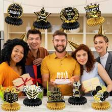 9Pcs Black Gold Happy Birthday Honeycomb Table Centerpieces Glitter Cake Crown Gift Box Champagne Balloon Star Cutouts Mult‑Age Birthday Party Table Decor Supplies - X260817E - View 7
