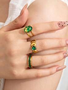 3pcs Vintage Fashion Stainless Steel Gold Rings Set, Inlaid With Gold And Green Rhinestone Heart Design, Suitable For Women's Daily Wear, Dating, Engagement, Wedding, Holiday, Saudi National Day Gift Jewelry - Gold - View 4