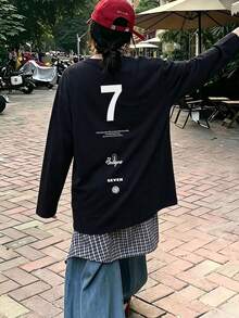 女款英文印花薄款長袖T恤，時尚百搭，秋冬適用 - 黑色 - 查看 2