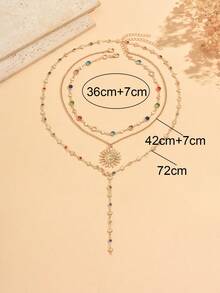 3pcs/Set Luxury Ins Style Sun Pendant Decoration Colorful Rhinestone Y-Shaped Necklace Gold Color Women's Neck Jewelry Suitable For Daily Wear, Summer Vacation, Dating And Party, Chain Length Cut By Segment And Not Fixed, Colorful Rhinestone Color Arrangement Is Random And Not Fixed - Multicolor - View 4