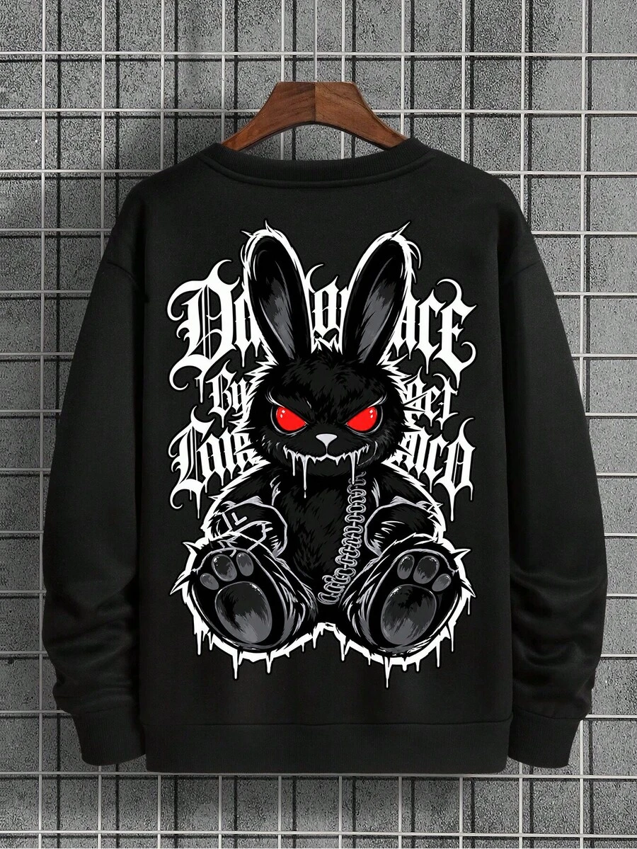 Men's Personalized Street Style "Dark Evil" Gothic Letter Graffiti Print Crew Neck Sweatshirt, Casual Loose Fit Long Sleeve Pullover Top, Autumn/Winter - Black - View 1
