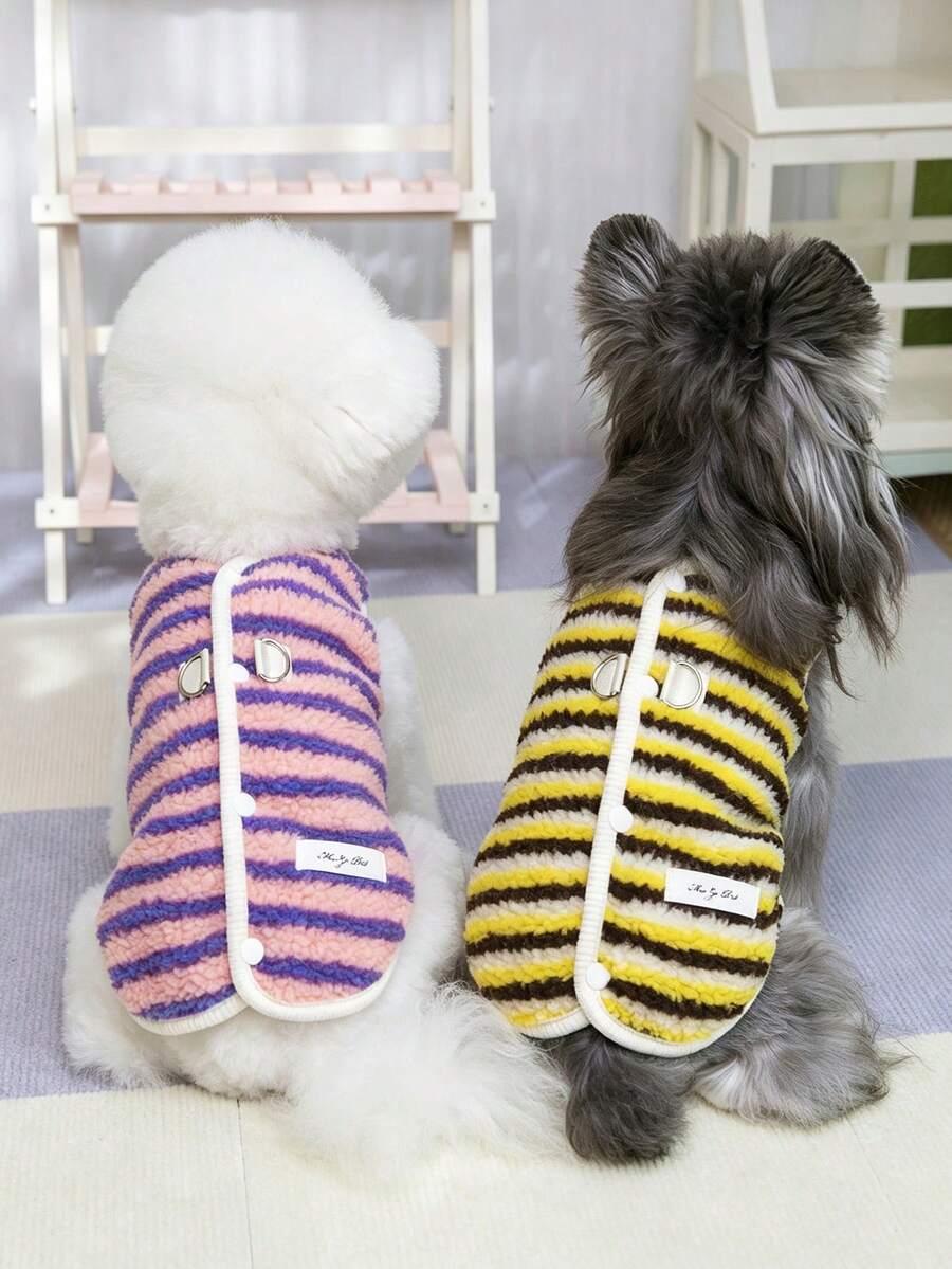 Striped Sherpa Dog Vest With D-Ring, Winter Warm Plush Pet Coat, Button-Up Puppy Cat Jacket, Soft Fleece Clothes For Small Medium Dogs & Cats