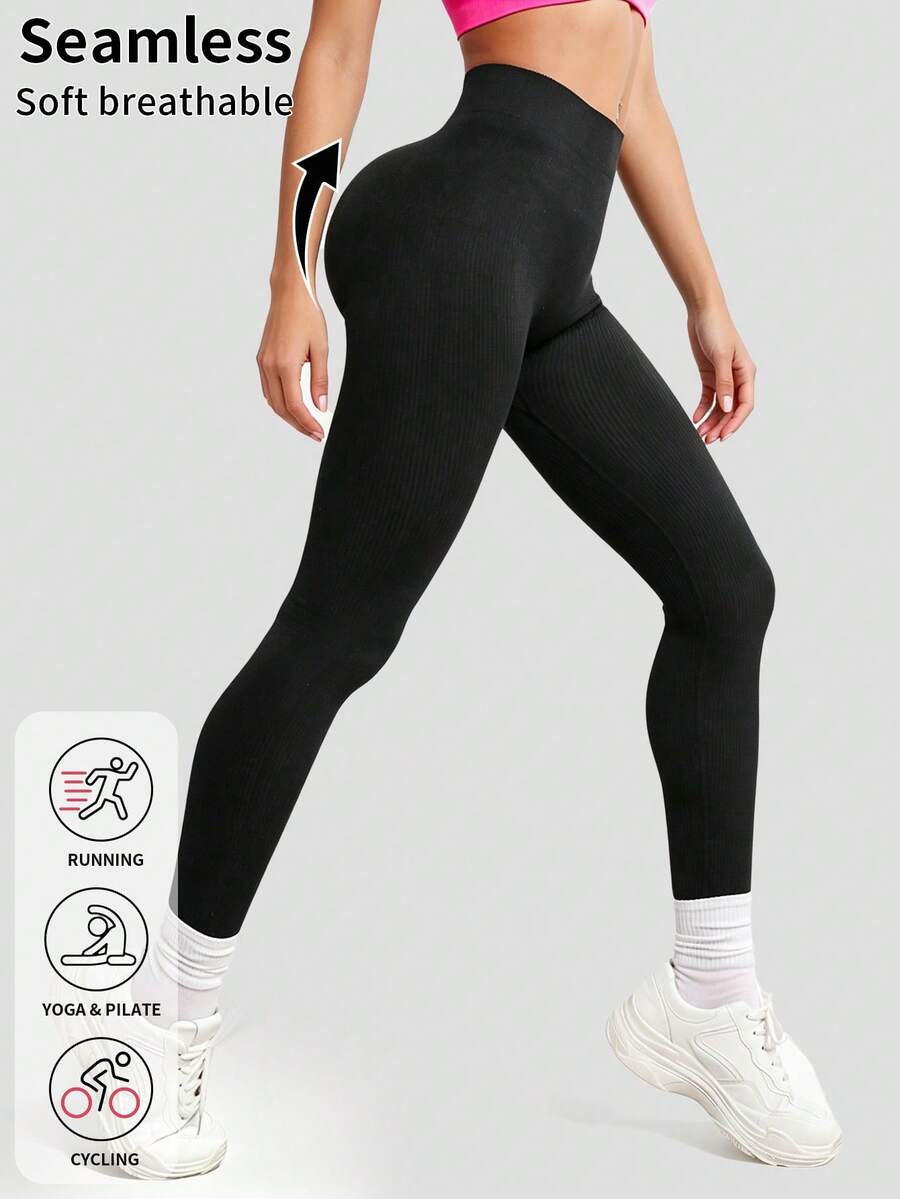 Seamless Ribbed Fitness Leggings, Slim Fit Slim Fit Workout Leggings, Multi-Scenario Training Activewear Sports - Black - View 1
