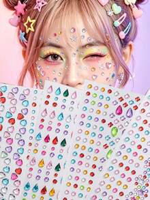 4 Sheets Y2K Colorful Face Gem Stickers, Multi-Color Heart, Star, Teardrop Rhinestones, Self-Adhesive Face Jewelry Decals For Festival Party, Cosplay, Christmas, Halloween Makeup, Body & Eye Decoration, Face Diamond Stickers - Multicolor - View 10