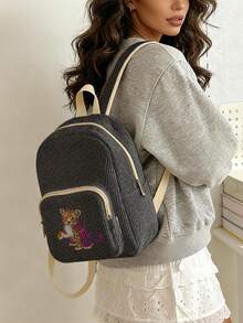 1PC Backpack, Women Mini Backpack, Corduroy Girl School Bag, Travel Storage Bag, Leopard‑Pattern Printed Design, Large‑Capacity Foldable Easy‑Storage Bag, Lightweight & Pressure‑Relieving, Multi‑Pocket Layered Design With Zipper Closure - Leopard Print 20446 - View 3