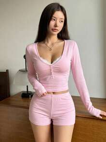 DAZY 2pcs Women's Round Neck Long Sleeve Top + Elastic Waist Shorts Pajama Loungewear Set - Pink - View 5