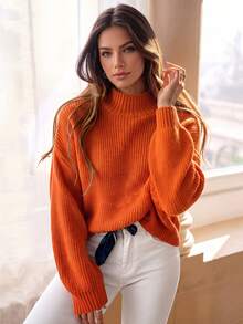 Women Sweaters Rib-Knit Plain Casual - Jeruk - View 2
