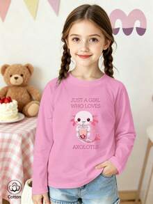 Girls' Cotton Raglan Long-Sleeve T-Shirt, Long Sleeves For Autumn & Winter, Pink Axolotl Bubble Tea Print, Cute Sweet Girly Preppy Style - Light Wine Red - View 3