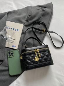 BEIKAMU 1件小眾設計菱格紋手提方盒包，新季口紅零錢包，優雅鏈條單肩斜挎包 - 黑色 - 查看 7