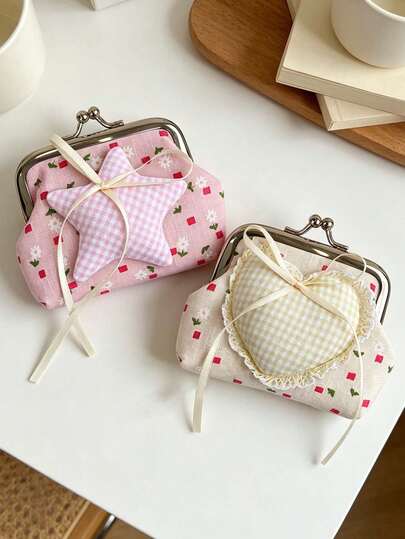 Y2k Fabric Kiss Lock Makeup Bag,Star Heart Decor Mini Coin Purse With Pearl Chain,Heart Star Wristlet Clutch Purse,Key & Coin Storage Pouch,For Change,Earphone,Coin,Lipstick,For Travel, Vacation,School,Daily,Birthday Gifts,Holiday Gifts,Party Gifts