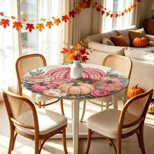 1pc Plaid Pumpkin Round Tablecloth, Autumn Tablecloth With Elastic Edge, Soft And Wrinkle-Resistant, Waterproof, Oil-Resistant And Scratch-Resistant, Suitable For Round Dining Table, Outdoor Restaurant Decoration And Outdoor Party, Kitchen, Baking, Outdoor Decor, Outdoor Patio, Breakfast, Brunch And Party Decoration - Multicolor - View 1