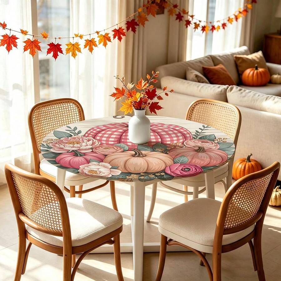 1pc Plaid Pumpkin Round Tablecloth, Autumn Tablecloth With Elastic Edge, Soft And Wrinkle-Resistant, Waterproof, Oil-Resistant And Scratch-Resistant, Suitable For Round Dining Table, Outdoor Restaurant Decoration And Outdoor Party, Kitchen, Baking, Outdoor Decor, Outdoor Patio, Breakfast, Brunch And Party Decoration - Multicolor - View 1