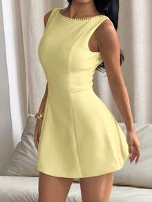 Elegant Sleeveless Mini Dress With Pearl Edge U Back, Slim Fit Flare Hem Short Dress, Daily Commute Birthday Dinner Clubwear Wedding - Yellow - View 3
