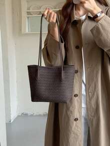 1pc Brown PU Vintage Woven Texture Shoulder Bag, Large Capacity Lightweight Women's Commuter Tote Bag, Suitable For Commuting And Travel - Coffee Brown - View 12