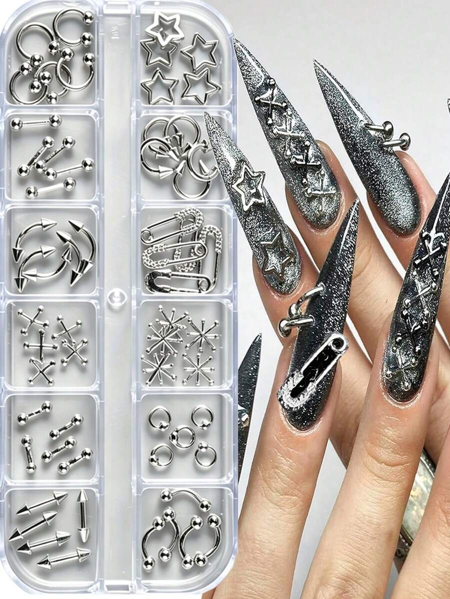 12pcs Punk Y2K Nail Piercing Decor Set 3D Metal Silver Mixed Style C-Ring Star Safety Pin Spike Barbell Rivet DIY Gothic Cool Nail Art Decoration For Women