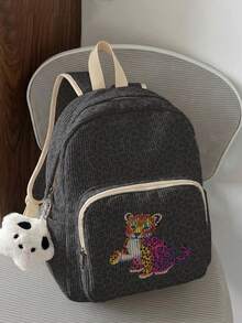 1PC Backpack, Women Mini Backpack, Corduroy Girl School Bag, Travel Storage Bag, Leopard‑Pattern Printed Design, Large‑Capacity Foldable Easy‑Storage Bag, Lightweight & Pressure‑Relieving, Multi‑Pocket Layered Design With Zipper Closure - Leopard Print 20446 - View 2