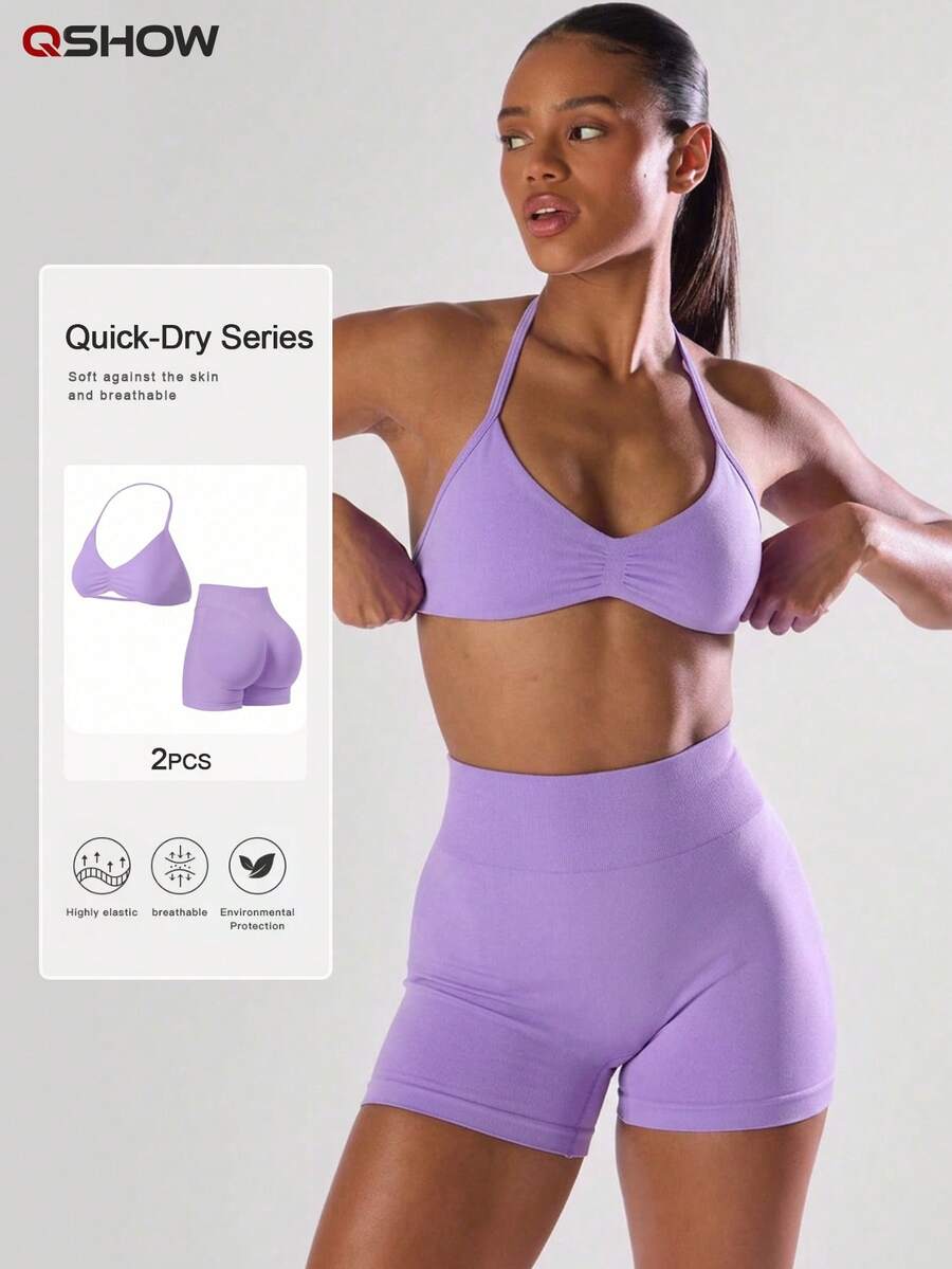 Women's Summer 2 Pieces Pink Top And High-Waist Shorts Set, Suitable For Sports, Yoga, Pilates, Gym, Running - Purple - View 1