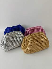 1pc Metallic Crochet Women's Clutch Bag, Elegant Handmade Knitted Snap Closure Handbag, Cosmetic Bag, Bags Ladies Elegant, Straw Bag - Multicolor - View 2