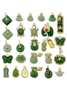 25pcs Chinese Vintage Gold Oil Drop Pendant Small Faux Jade Green Lucky Bag Shape Pendant Handmade Necklace Small Pendant Jewelry - Multicolor - View 5