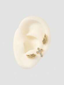MortiRose 3pcs Delicate Fashionable Versatile Personalized Niche Rhinestone Cross Wing Earrings, Not Suitable For Daily Wear But Suitable For Festivals ,Party - Cross Wings - View 3