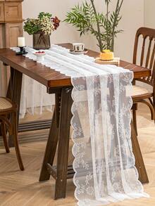 1pc Floral Lace Table Runner Vintage Wavy Edge Hollow Out Table Cloth Wedding Dining Table Decor Coffee Table Cover - White - View 6