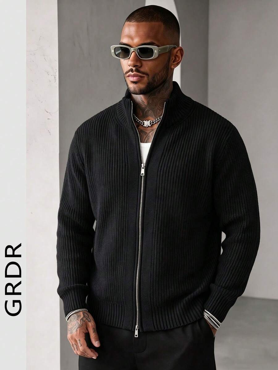 GRDR Men's Crew Neck Long Sleeve Double-Zipper Cardigan Sweater, Versatile For Daily Wear
