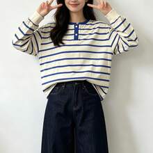 Korean Style Lazy Vibe Half-Button Contrast Stripe Long Sleeve T-Shirt, Fashion Loose Slimming Casual Versatile Layering Women's Autumn Outing Top - Blue - View 4
