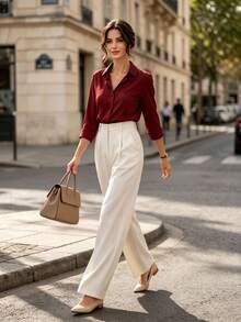 High Waist Wide Leg Casual Suit Pants - Front Pleated Flowy Long Pants Women's Slim Fit Draped Long Pants White - White - View 3