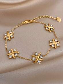 1Pc 18K Gold Plated Stainless Steel X Shape Zirconia Cross Chain Bracelet For Women,Daily Party/Christmas/Birthday Gift/Y2K/Rave/Halloween/Wedding - Multicolor - View 1
