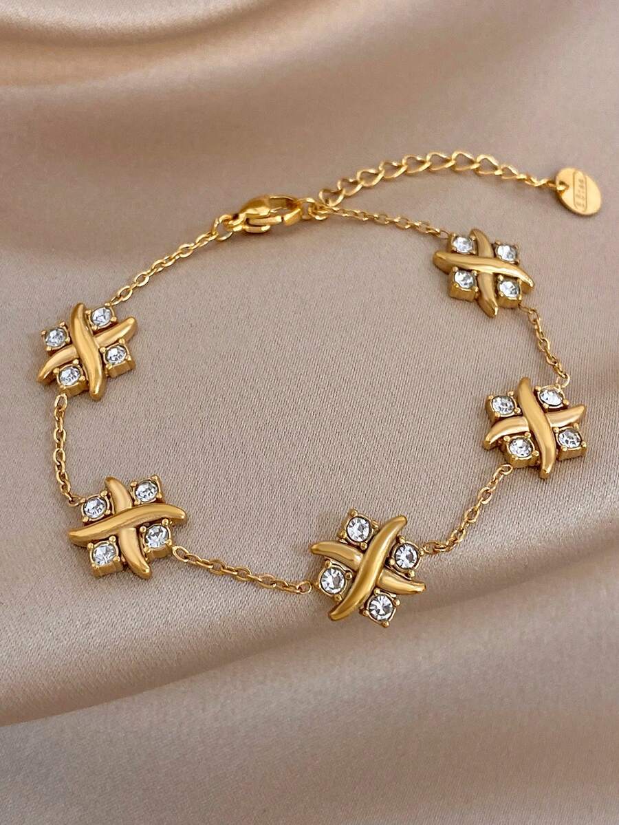 1Pc 18K Gold Plated Stainless Steel X Shape Zirconia Cross Chain Bracelet For Women,Daily Party/Christmas/Birthday Gift/Y2K/Rave/Halloween/Wedding - Multicolor - View 1