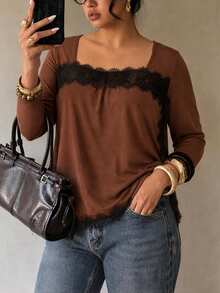 Plus Size Women's Brown Long-Sleeve Top With Black Lace Trim, A Cropped Square-Neck Shirt For Fall, Made Of High-Stretch Fabric For Comfort - Camel - View 1