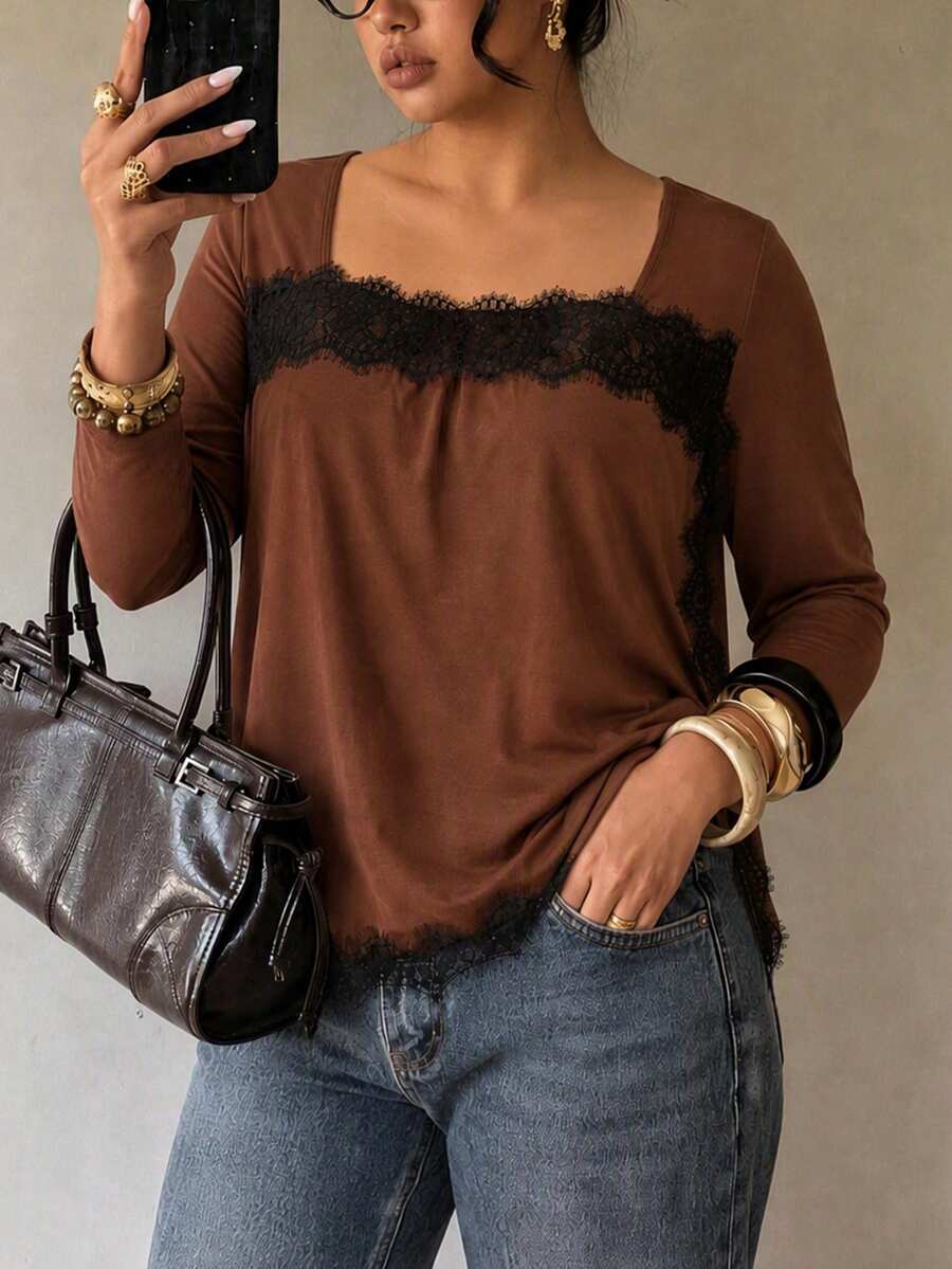 Plus Size Women's Brown Long-Sleeve Top With Black Lace Trim, A Cropped Square-Neck Shirt For Fall, Made Of High-Stretch Fabric For Comfort - Camel - View 1