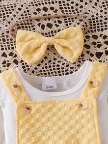 Baby Girl Gentle Princess 3-Piece Outfit Set: Ruffle Flutter Sleeve Ribbed Long Sleeve Inner Top + Double-Sided 3D Big Bow Decor Plaid Double Layer Cake Bustier Strap Dress + Matching Same Color Bow Hair Accessory Set - Yellow - View 7