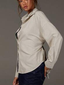 Blue & White Striped Back Tie Waist Blouse For Women, Loose Fit Lapel Long Sleeve Design Top - Brown - View 4