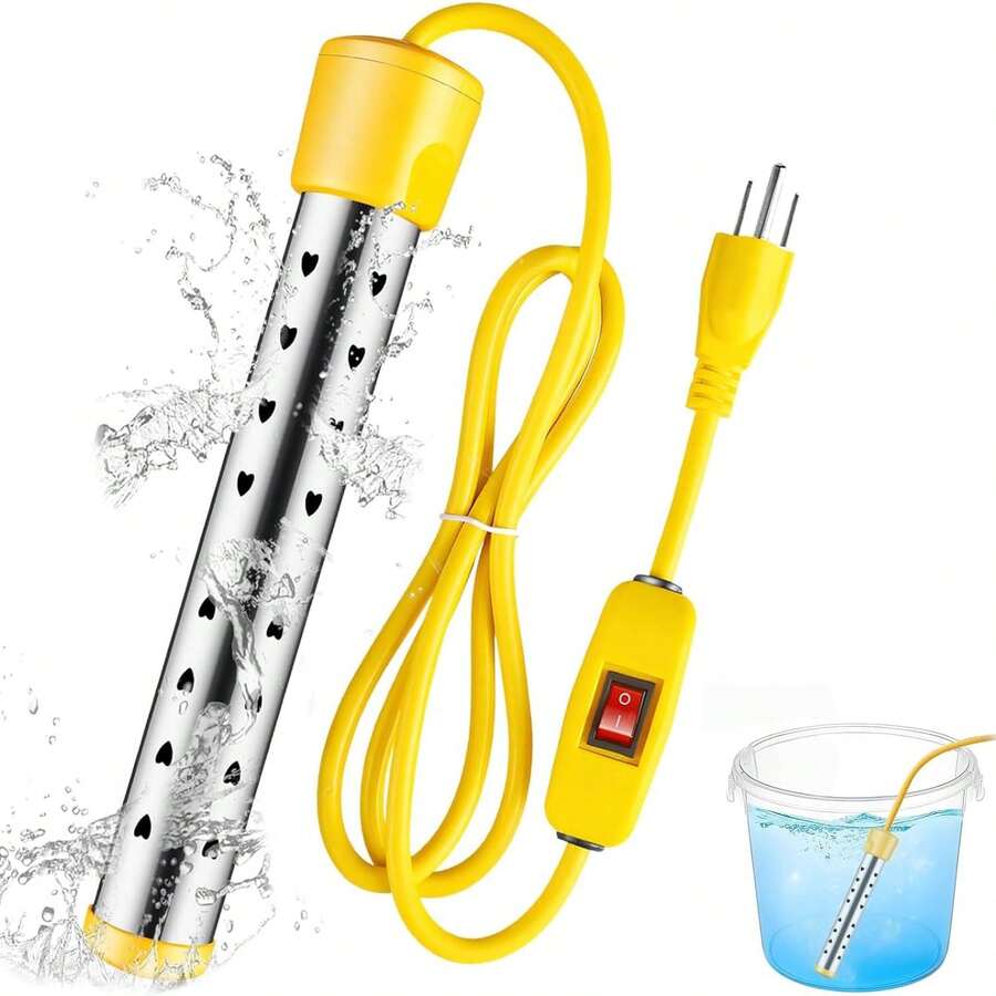 1500W High Power Immersion Heater, Heating Rod With Auto Shut-Off And Burn Protection, Portable Water Heater, Yellow - View 1