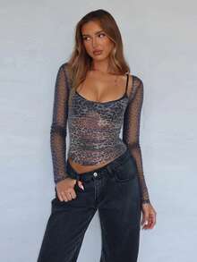 Women's Autumn Leopard Print Top With Large Scoop Neck And Long Sleeves, Suitable For Dates And Parties - Grey - View 2