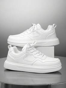 Men's Minimalist White Low-Top Skateboard Shoes, Comfortable Thick Sole Lace-Up Casual Sneakers For Daily Wear, Commuting, Travel, Gathering And Sports - White - View 3