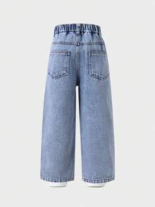 Girls Pink Heart Embroidered Washed Elastic Waist Straight Leg Wide Leg Denim Jeans Suitable For Autumn Daily Wear - Light Wash - View 2