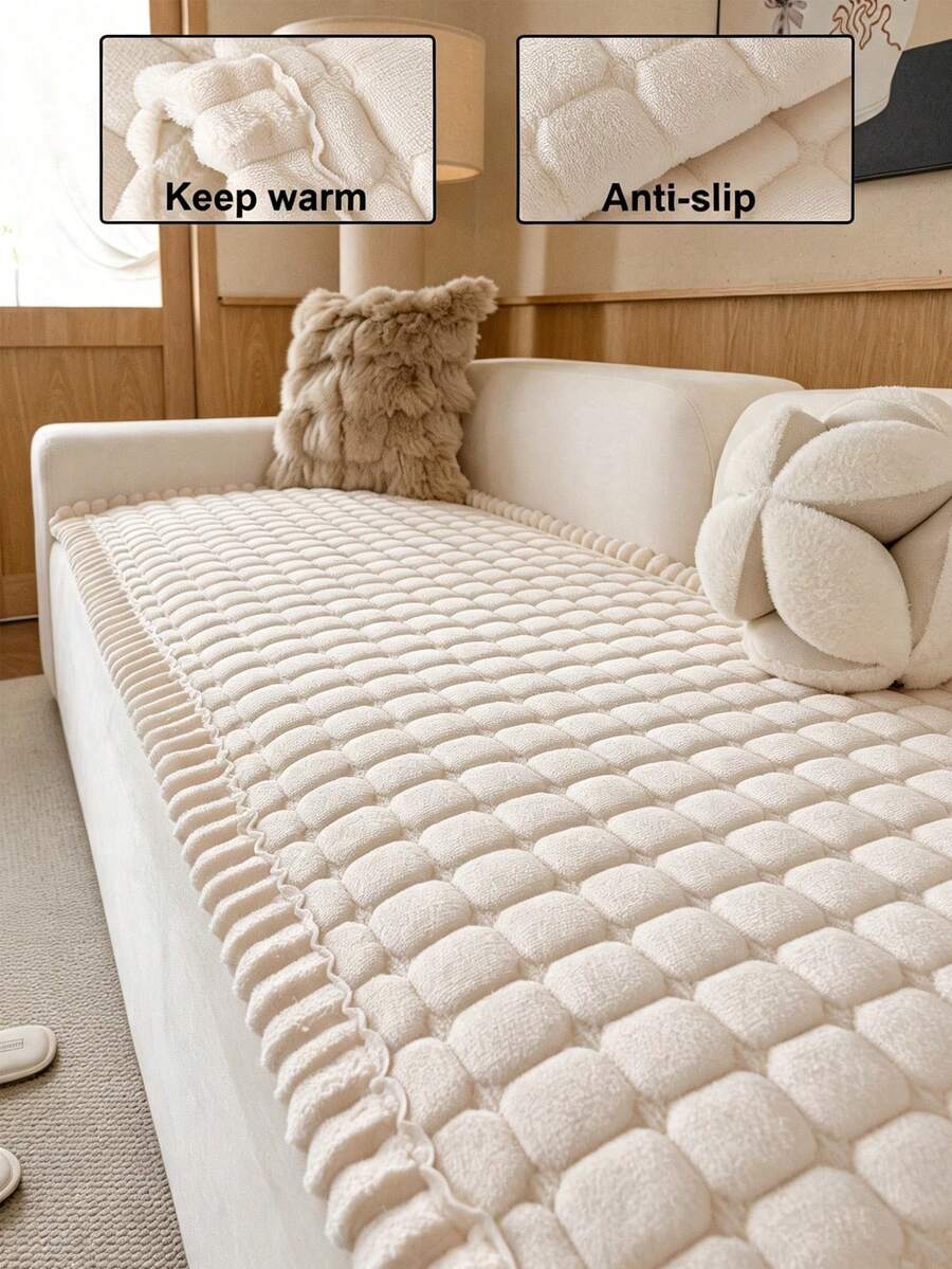 1PC Vintage Warm Thickened Flannel Anti-Slip Sofa Pad, Pet-Friendly, Machine Washable, Suitable For 12/3/4-Seater And Sectional Sofas, Winter Home Decor, Quilted & Striped Craftsmanship, Easy Installation - Beige - View 1