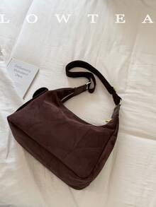 low tea 1pc Minimalist Crescent-Shaped Suede Fabric Shoulder Bag, Adjustable Strap, Suitable For Commuting, Shopping, Etc. - Coffee - View 5