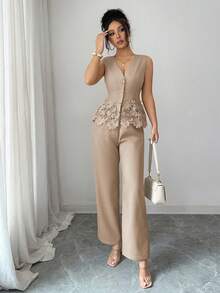 LUNNELUX Women's 2 Pieces Fall Set Top, French Elegant Vacation Back To School Casual Outfit Brown Summer - Brown - View 10