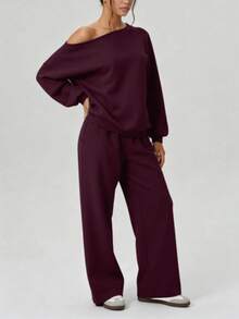 Solid-Color Slanted Shoulder Design Sporty Casual Fashion Two Pieces Set - Purple - View 4