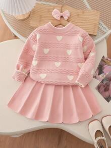 Tween Girl Heart Pattern Long Sleeve Sweater And Knitted Skirt Set - Pink - View 1