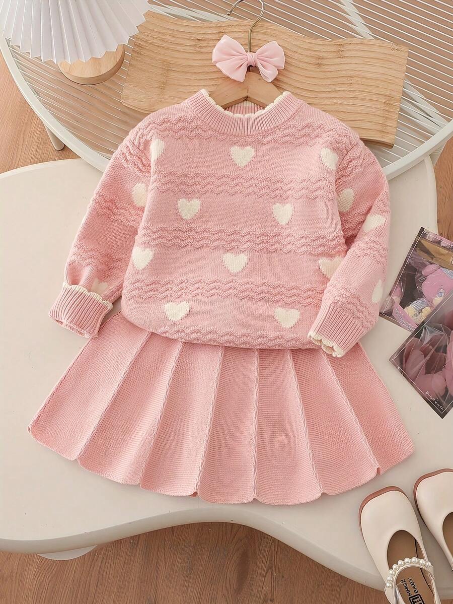 Tween Girl Heart Pattern Long Sleeve Sweater And Knitted Skirt Set - Pink - View 1